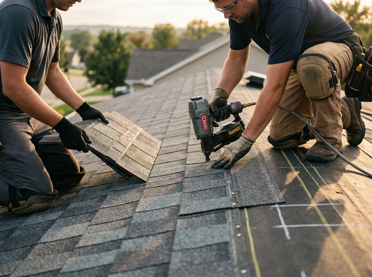 Professional roofer working on a residential roof in Glen Ellyn
